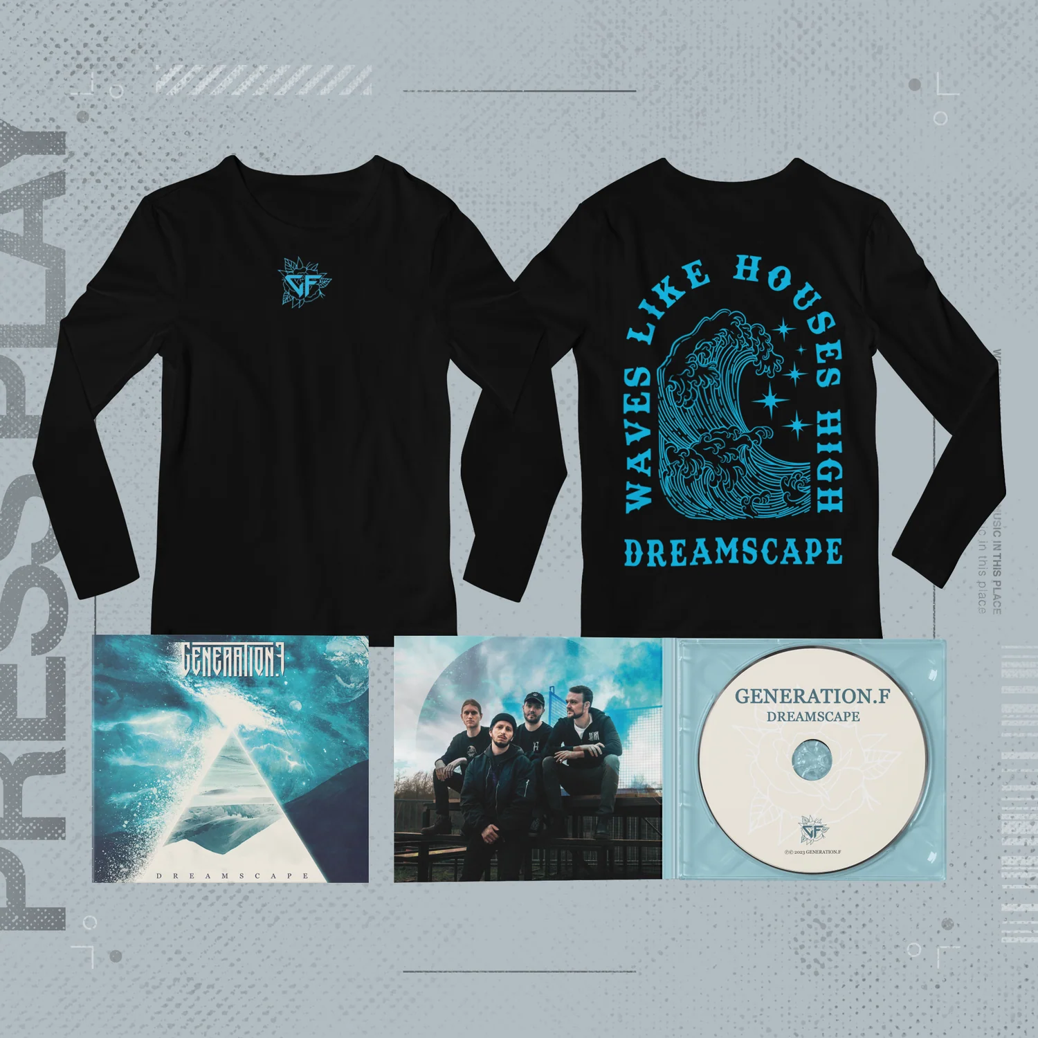 Merch: schwarzes Longsleeve „Dreamscape“ von vorn und hinten, dazu die CD Dreamscape